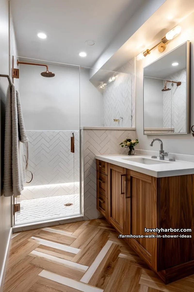 modern bathroom with glass shower, copper fixtures, herringbone floor, and wood vanity. 1