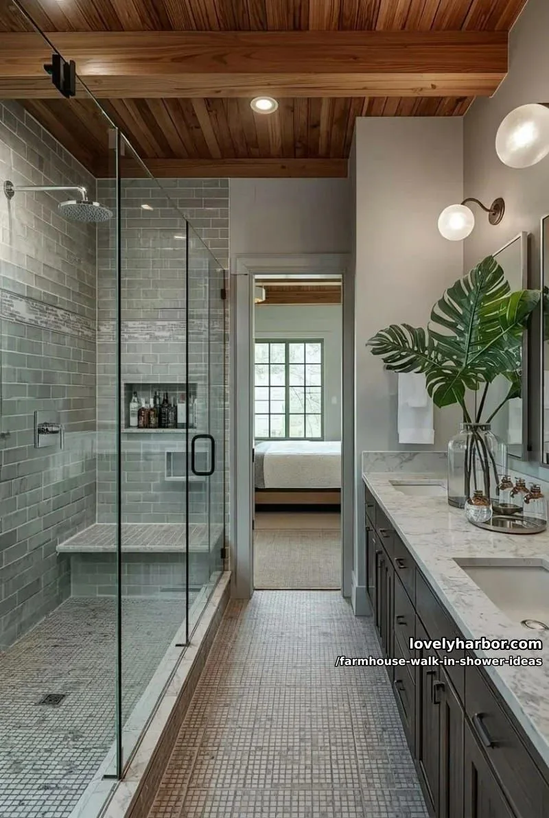 modern bathroom with glass shower, gray tiles, double vanity, and wood beams. 1