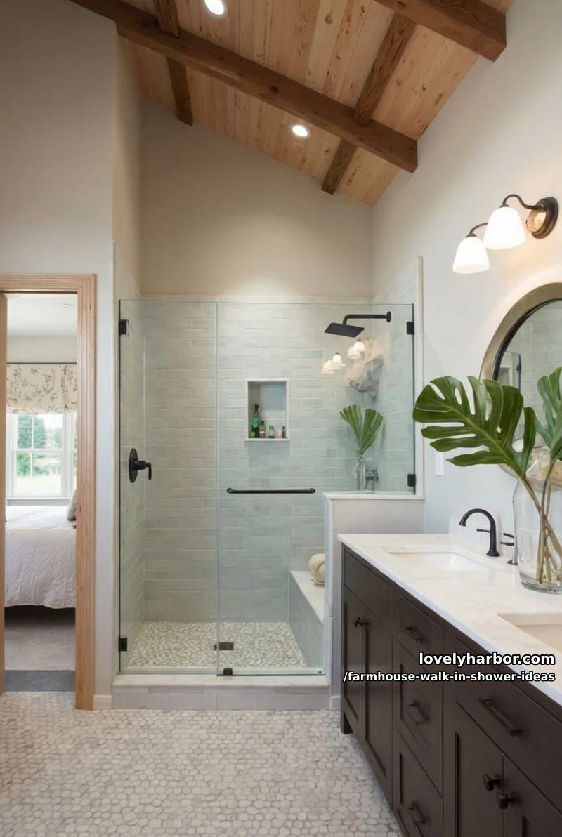 modern bathroom with glass shower, gray tiles, double vanity, and wood beams. 1
