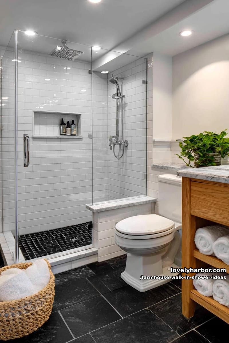 modern bathroom with glass shower, white tiles, black floor, chrome fixtures, and wood vanity. 1
