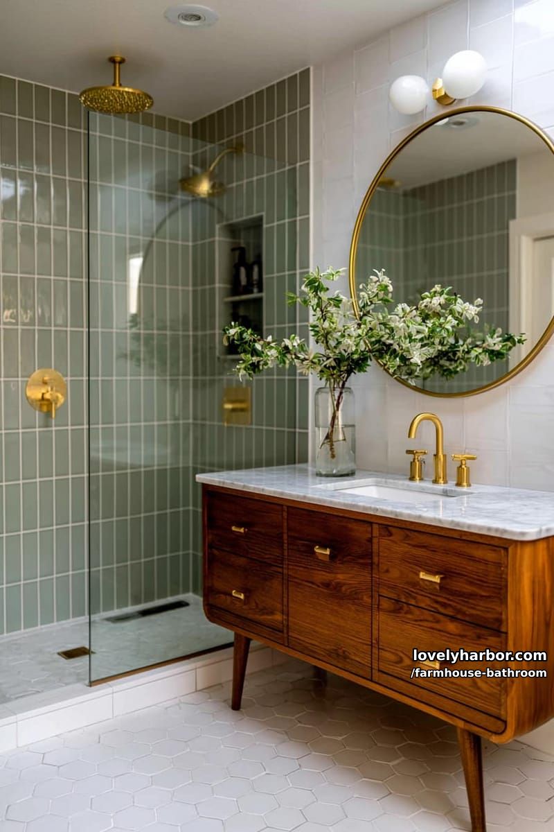 modern bathroom with sage green tile shower, wood vanity, and gold fixtures. 1