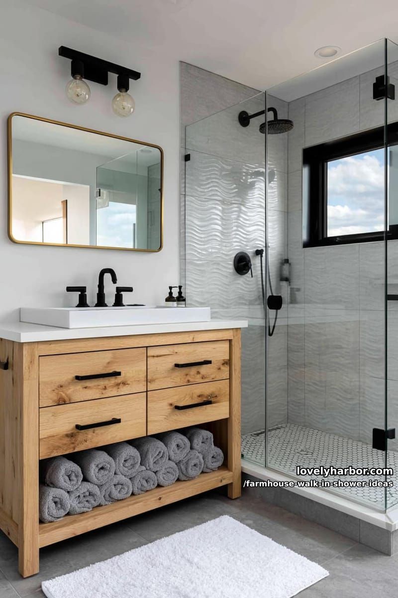modern bathroom with wood vanity, glass shower, black hardware, and gray tile. 1
