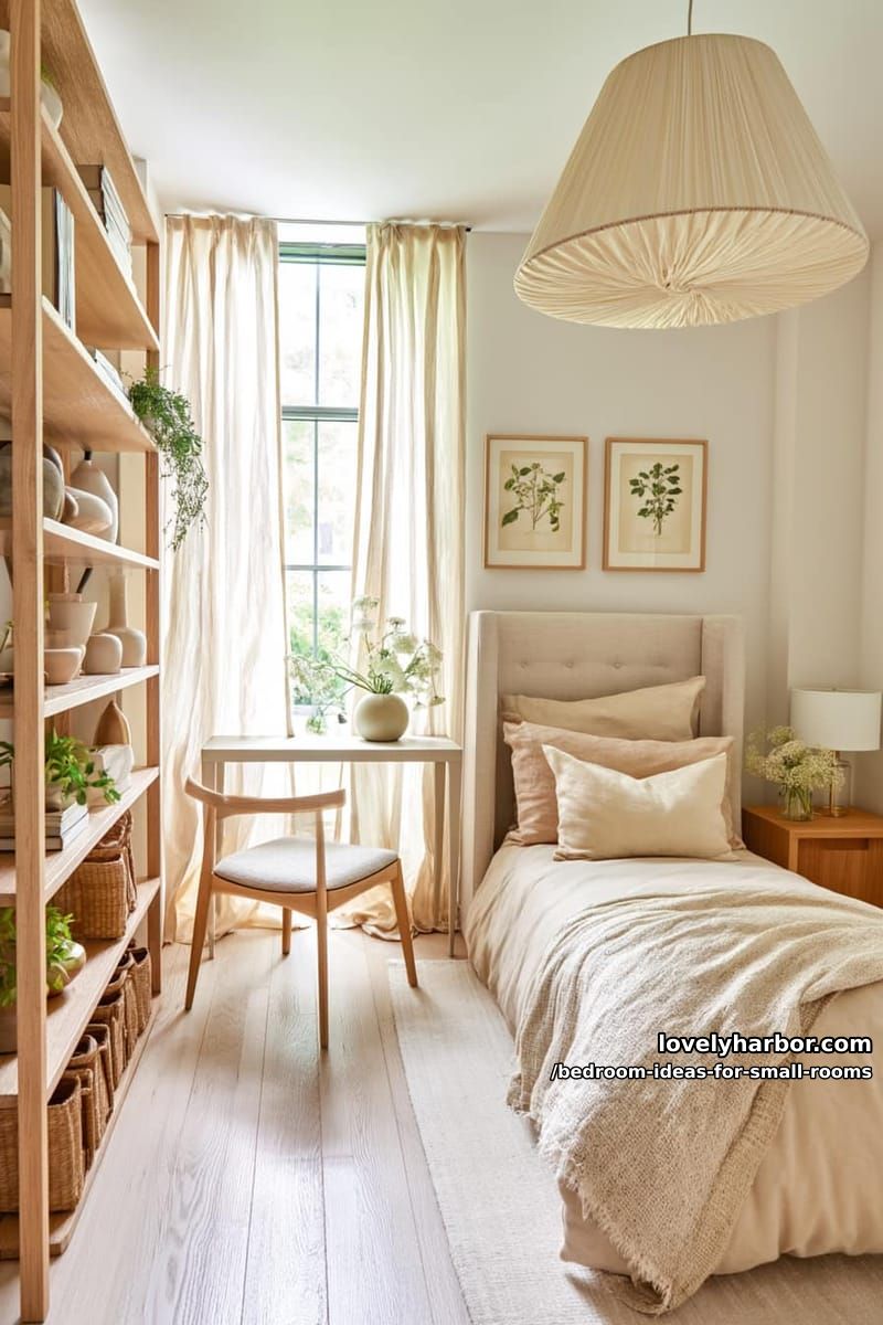 modern bedroom with upholstered bed, open shelving, and natural textures. 1
