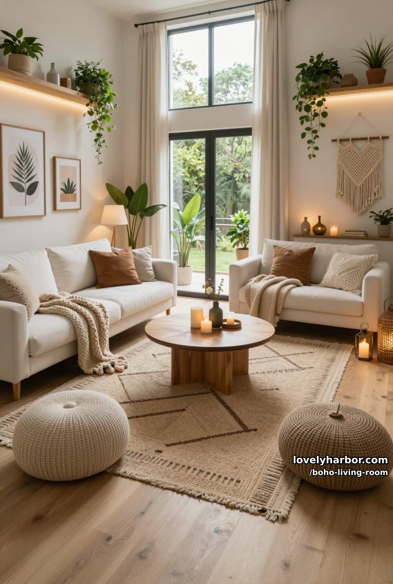 modern boho living room with light, plants, macrame, and layered textures. 1