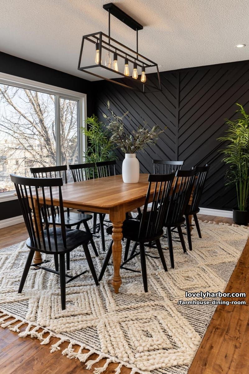 modern dining room with black spindle chairs, matte black accent wall, diamond rug, edison light. 1