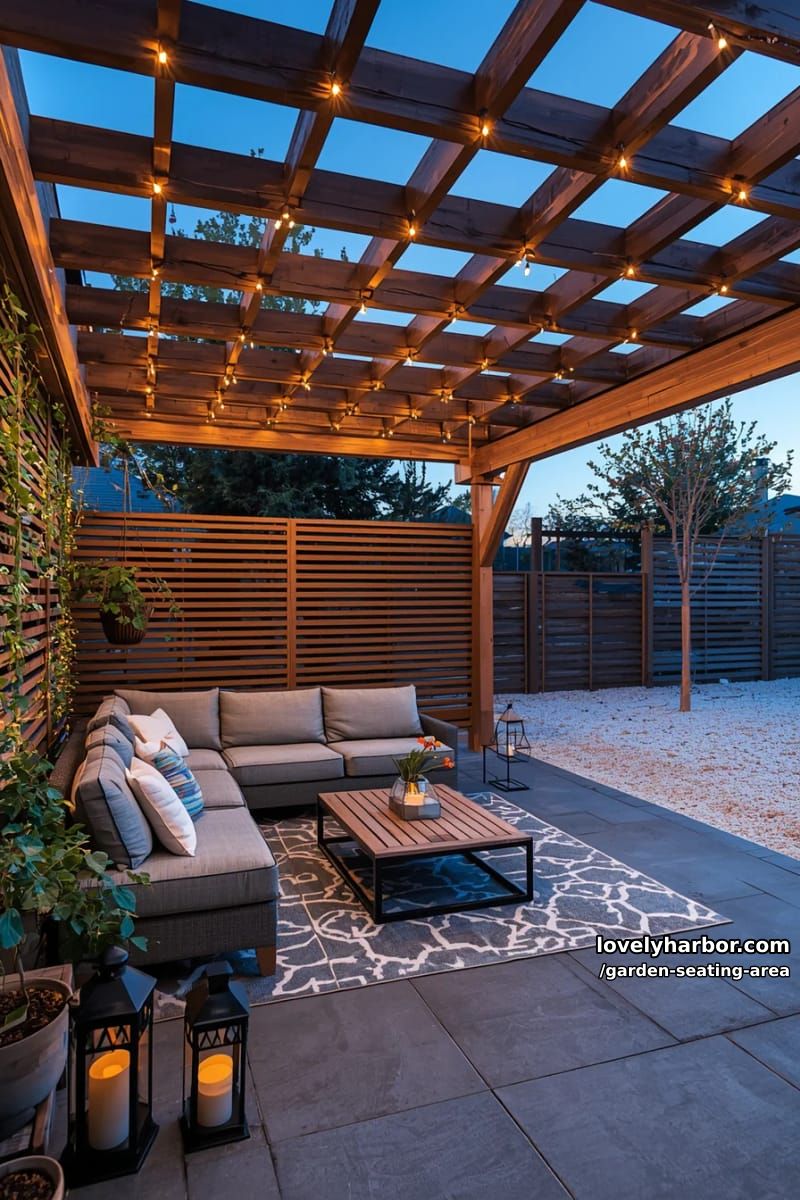 modern dusk patio, wooden pergola, gray sectional, lanterns, climbing plants, blue sky 1