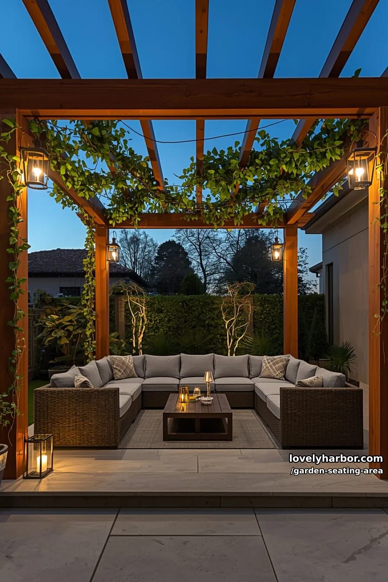 modern dusk patio, wooden pergola, gray sectional, lanterns, climbing plants, blue sky 1