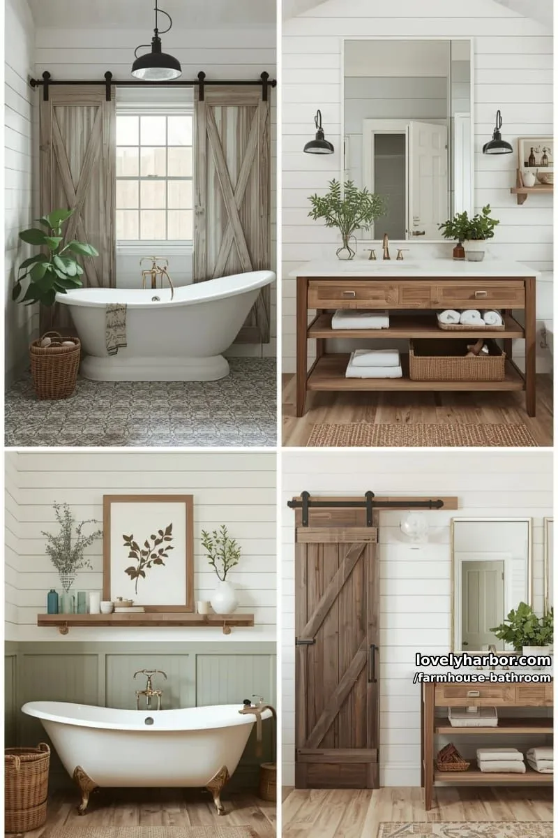 modern farmhouse bathroom with shiplap, clawfoot tubs, wood vanities, and plants. 1