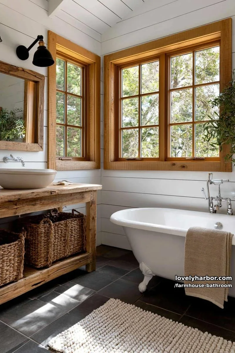 modern farmhouse bathroom with shiplap, rustic vanity, clawfoot tub, and greenery. 1