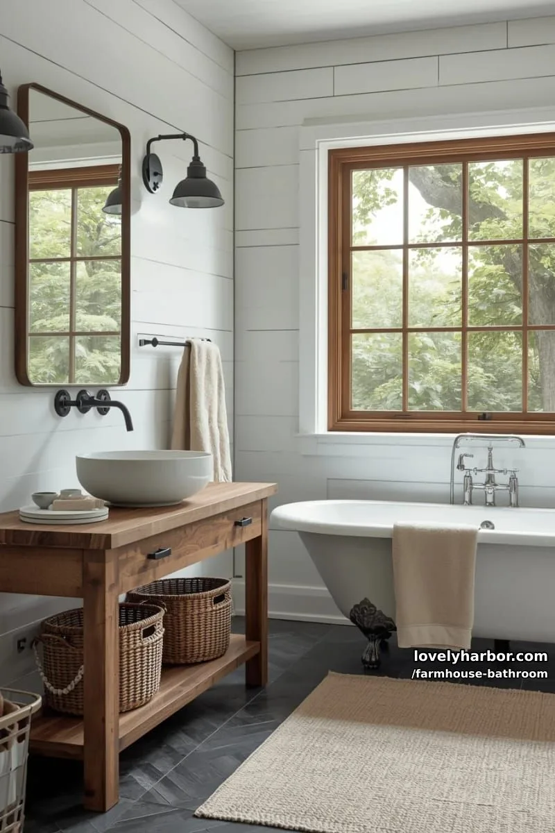 modern farmhouse bathroom with shiplap, rustic vanity, clawfoot tub, and greenery. 1