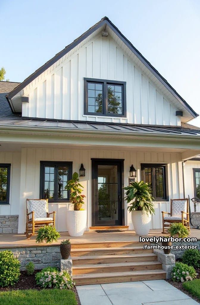 modern farmhouse, black metal roof, white siding, wood porch, rocking chairs, lush landscaping. 1
