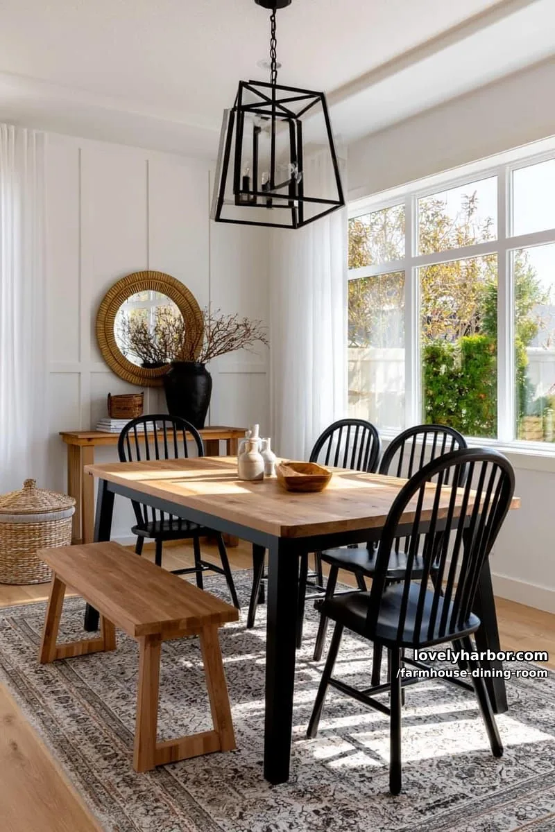 44 Rustic Farmhouse Dining Rooms to Inspire Your Space 5 modern farmhouse dining room with black chairs, wooden bench, console, geometric chandelier. 1