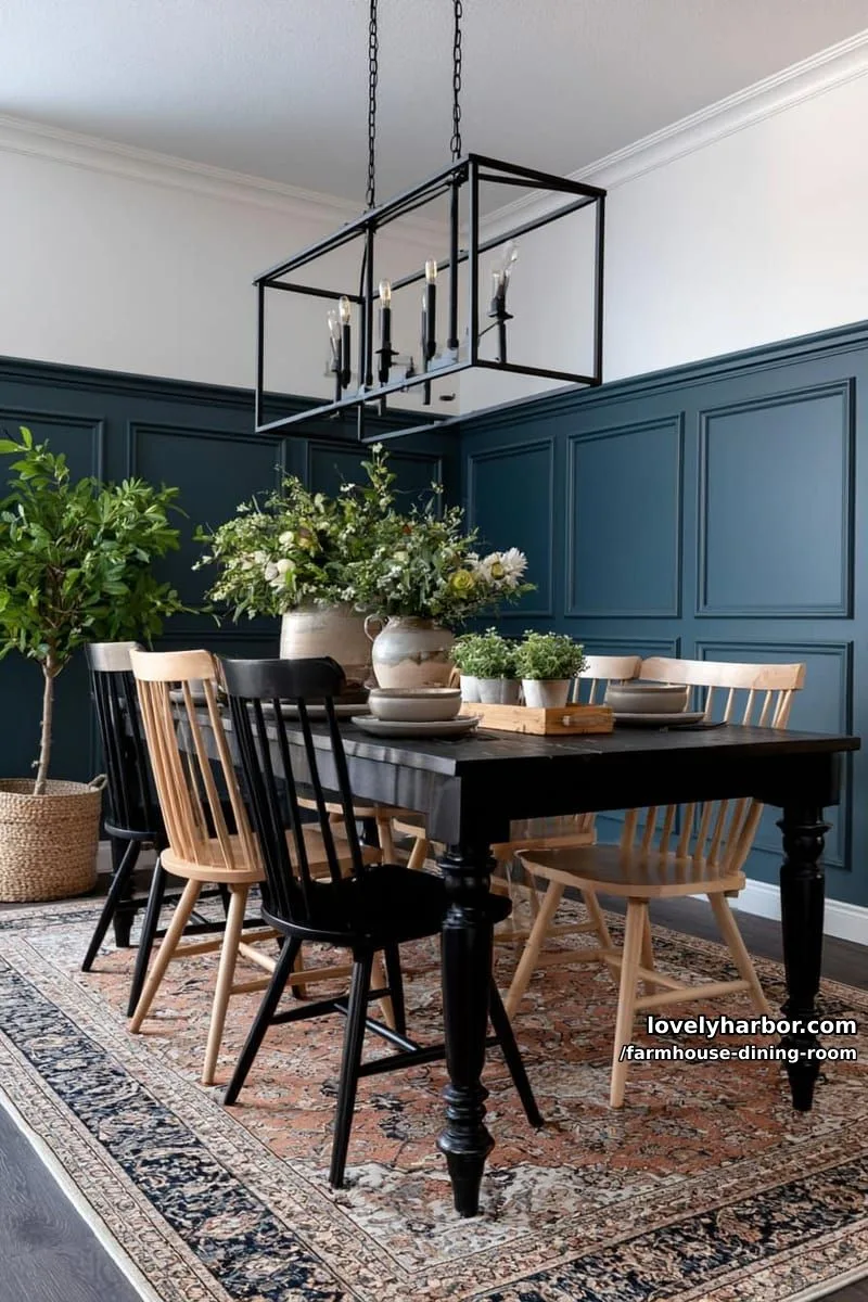 44 Rustic Farmhouse Dining Rooms to Inspire Your Space 15 modern farmhouse dining room with dark table, black and wood chairs, teal accent wall, vintage rug. 1