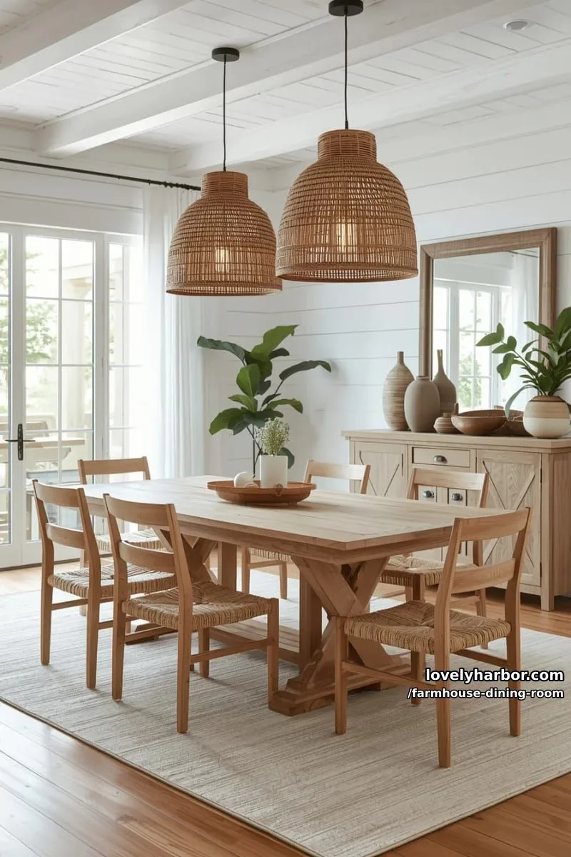 44 Rustic Farmhouse Dining Rooms to Inspire Your Space 12 modern farmhouse dining room with light wood furniture, rattan pendants, neutral palette. 1