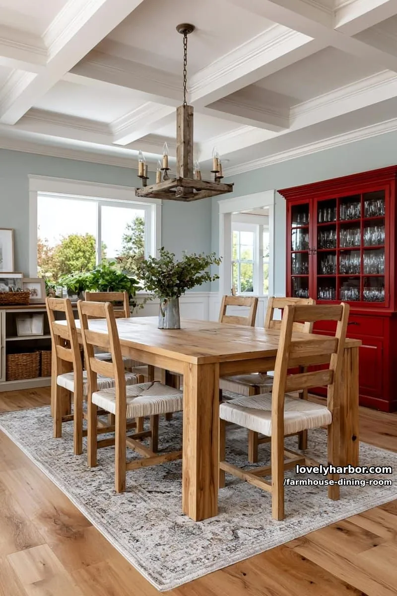 44 Rustic Farmhouse Dining Rooms to Inspire Your Space 3 modern farmhouse dining room with wooden table, woven chairs, red china cabinet, rustic chandelier. 1