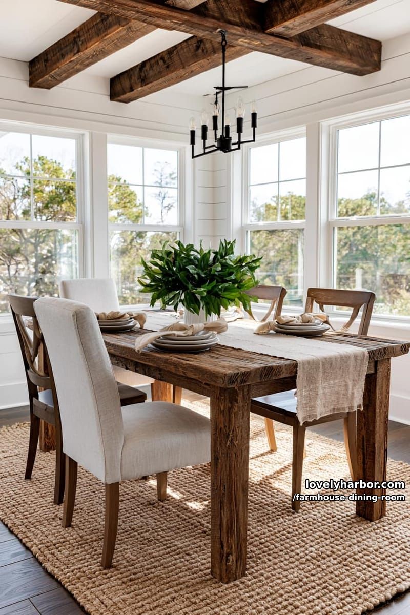 modern farmhouse dining with exposed beams, mixed chairs, beige runner, leafy centerpiece, iron chandelier. 47
