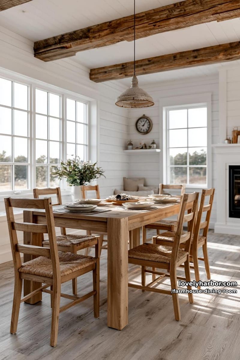 modern farmhouse dining with shiplap walls, grid windows, rustic pendant, mantel shelf, fireplace. 1
