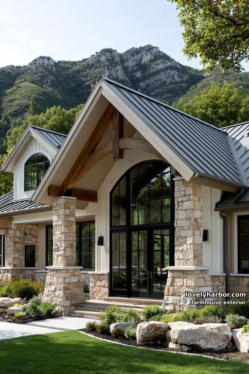 44 New Farmhouse Exterior Designs To Copy 78 modern farmhouse, gray metal roof, stone and siding, arched windows, mountain backdrop. 1