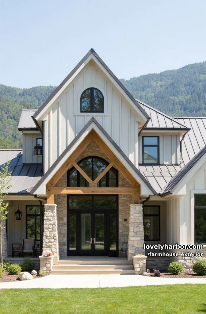 modern farmhouse, gray metal roof, stone and siding, arched windows, mountain backdrop. 1