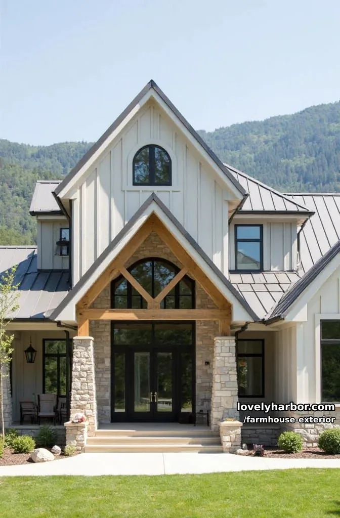 44 New Farmhouse Exterior Designs To Copy 79 modern farmhouse, gray metal roof, stone and siding, arched windows, mountain backdrop. 1
