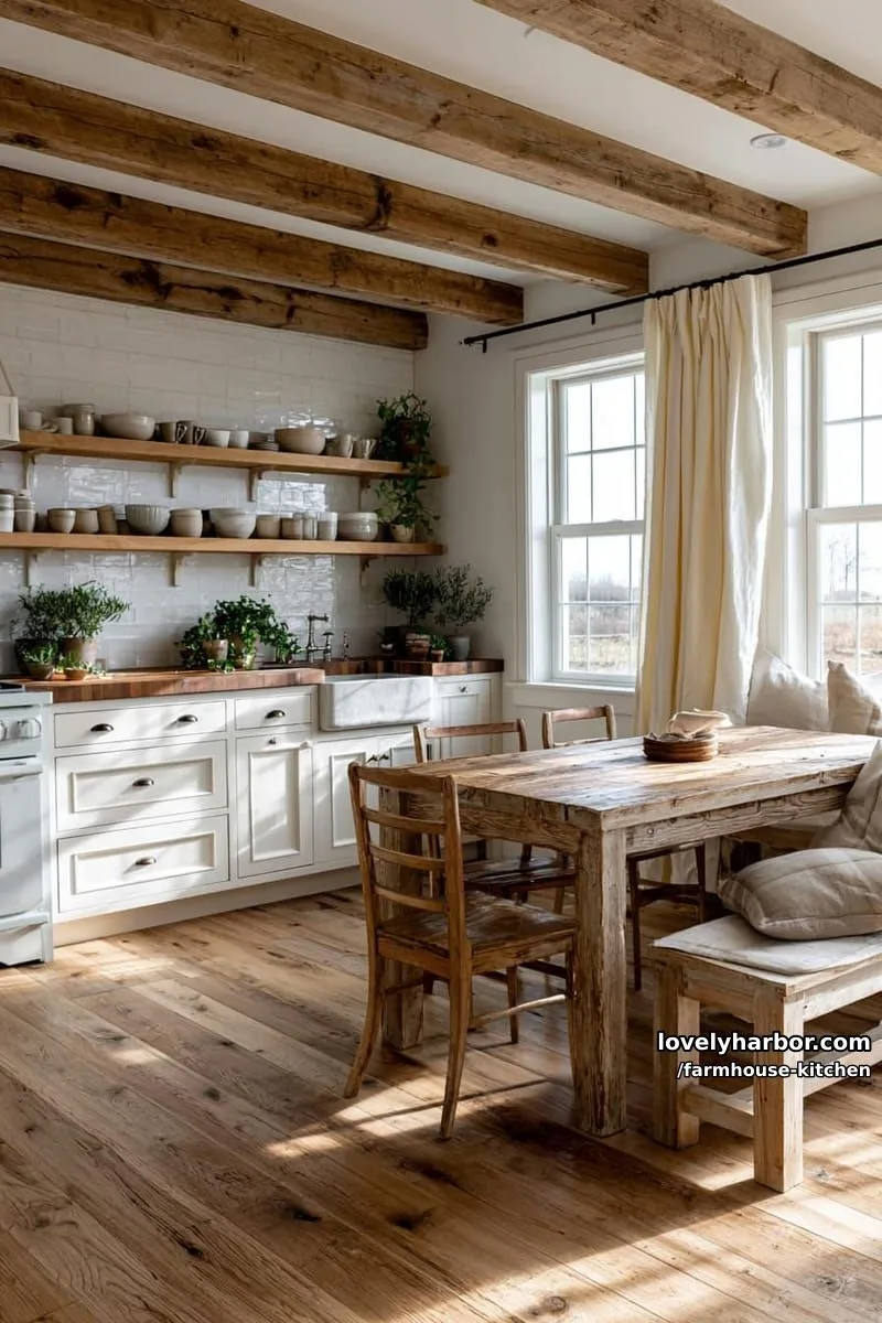 44 Trendy Farmhouse Kitchen Ideas to Inspire Your Next Remodel 34 modern farmhouse kitchen with exposed beams, wood shelves, and rustic dining. 1