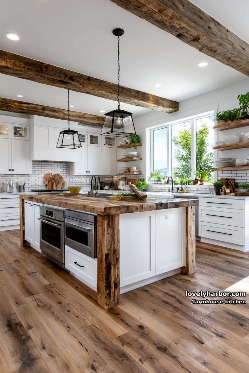 modern farmhouse kitchen with shaker cabinets, wood island, and open shelves. 1