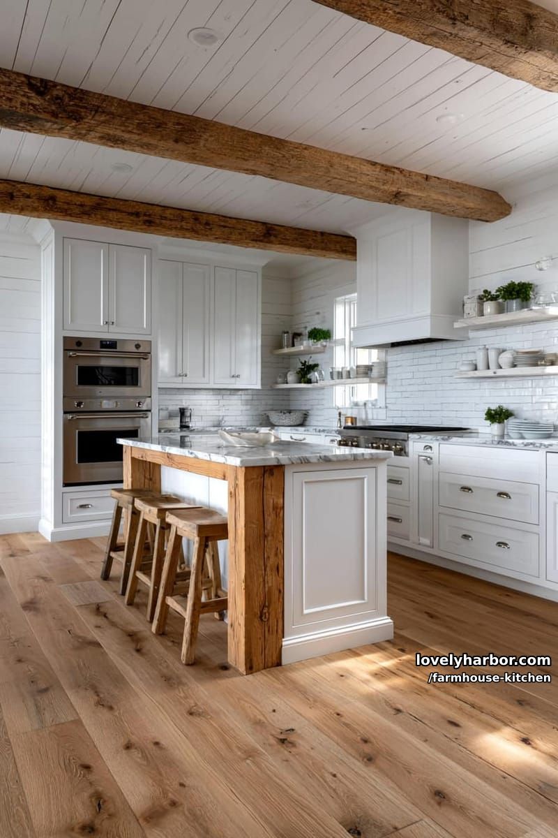 modern farmhouse kitchen with shiplap walls, wood beams, and marble island. 1