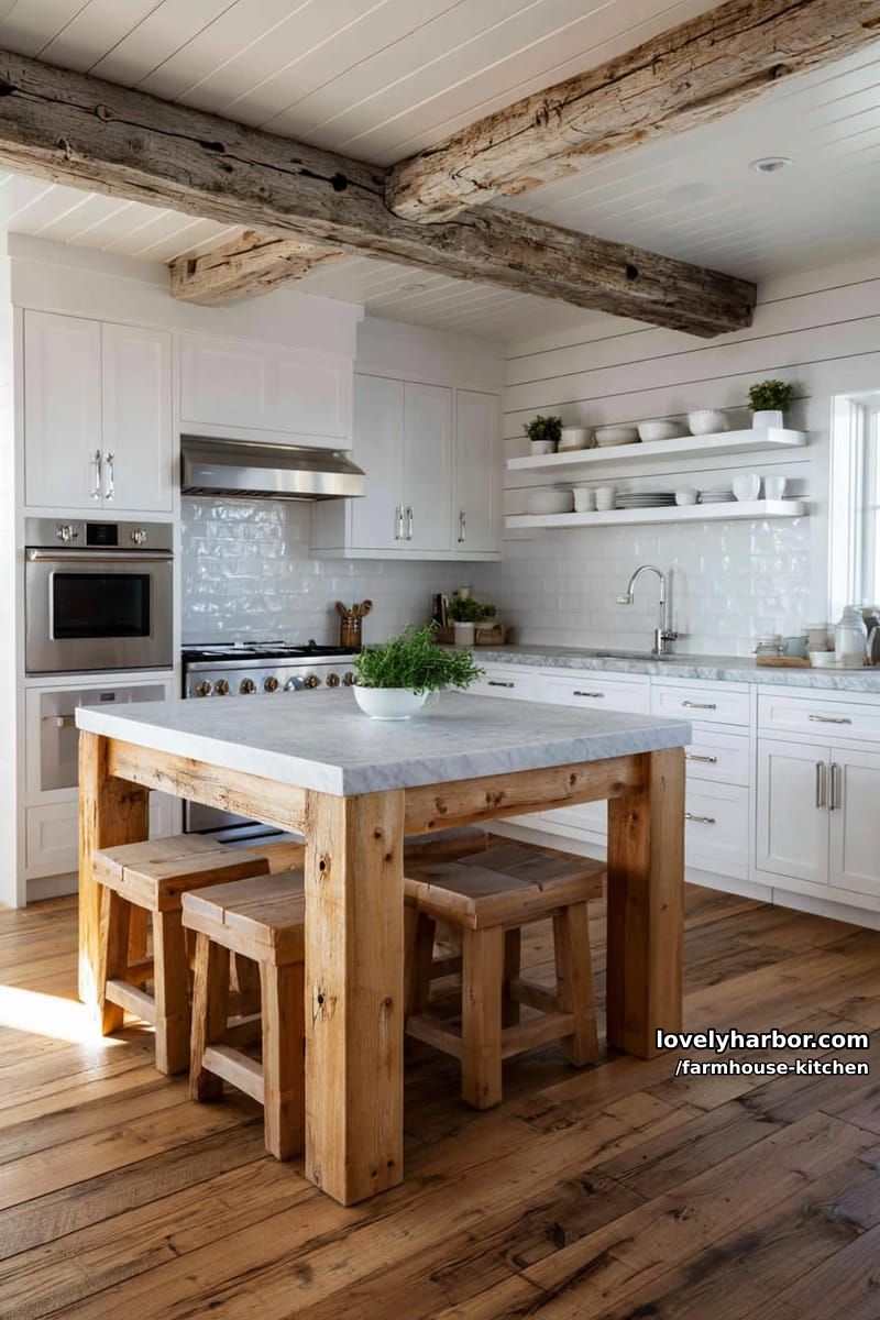 modern farmhouse kitchen with shiplap walls, wood beams, and marble island. 1