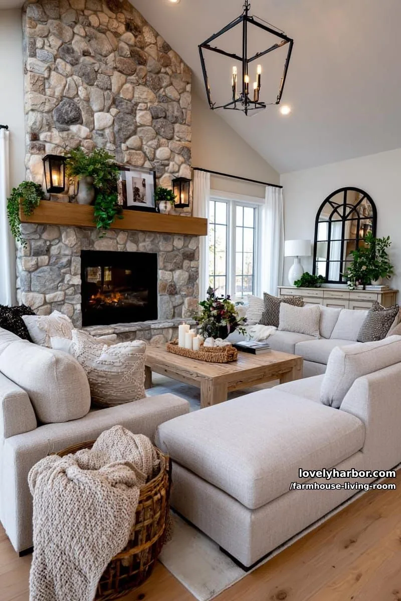 modern farmhouse living room with stone fireplace, wood mantel, neutral sofas, and chandelier. 1