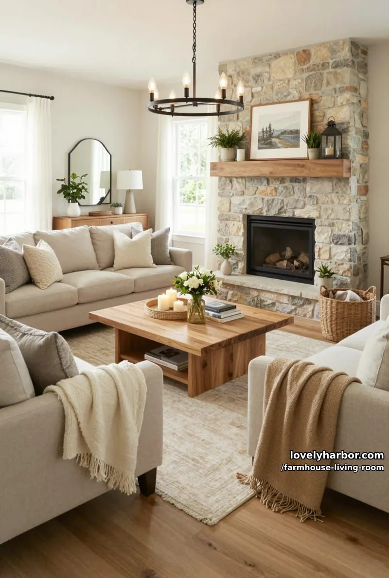 modern farmhouse living room with stone fireplace, wood mantel, neutral sofas, and chandelier. 1