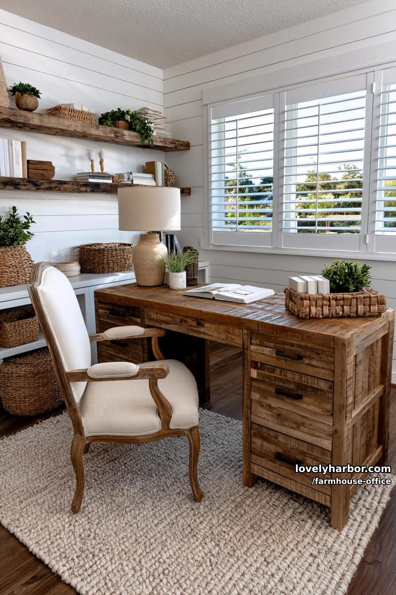 modern farmhouse office with shiplap walls, wooden desk, woven baskets, and soft tones. 1