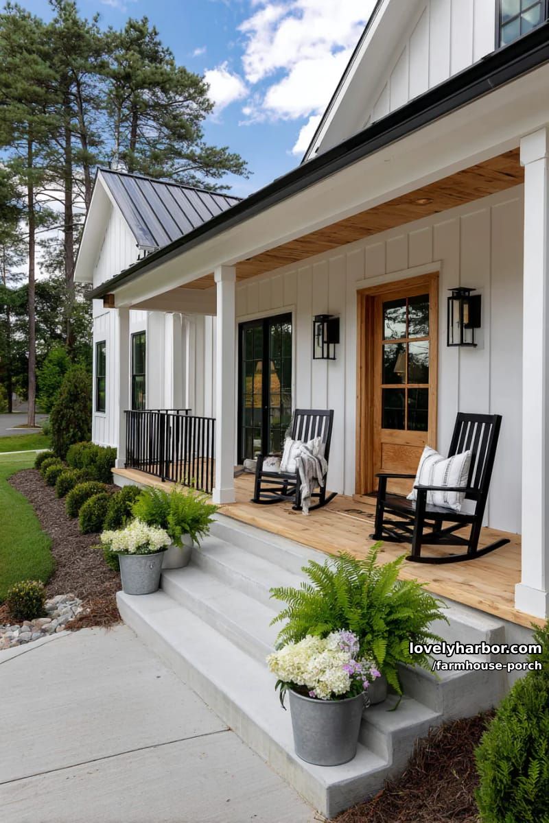modern farmhouse porch with black rocking chairs, lantern lights, and metal planters. 1