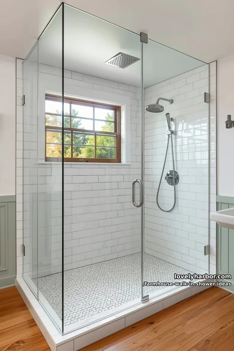 modern farmhouse shower, frameless glass, subway tiles, rainfall shower, and wood accents. 1