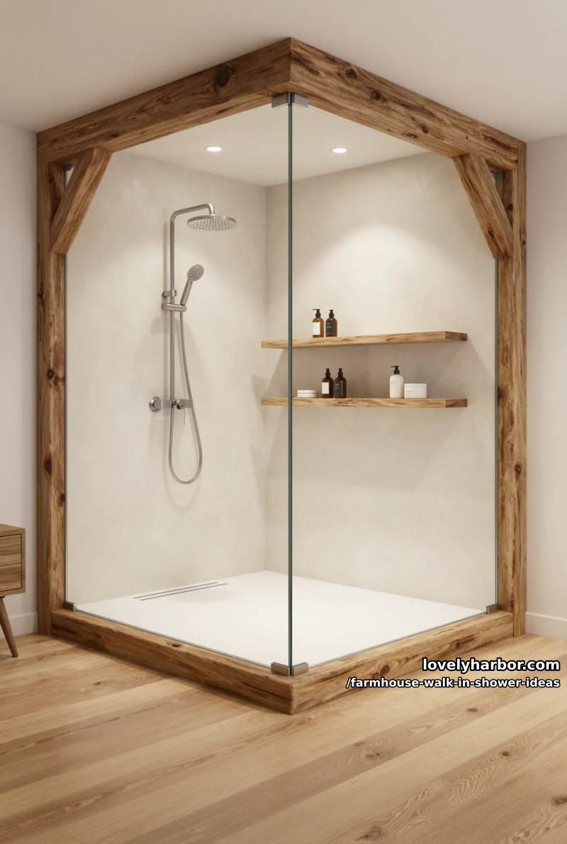 modern farmhouse shower with rustic wood beams, glass walls, and minimalist design. 1