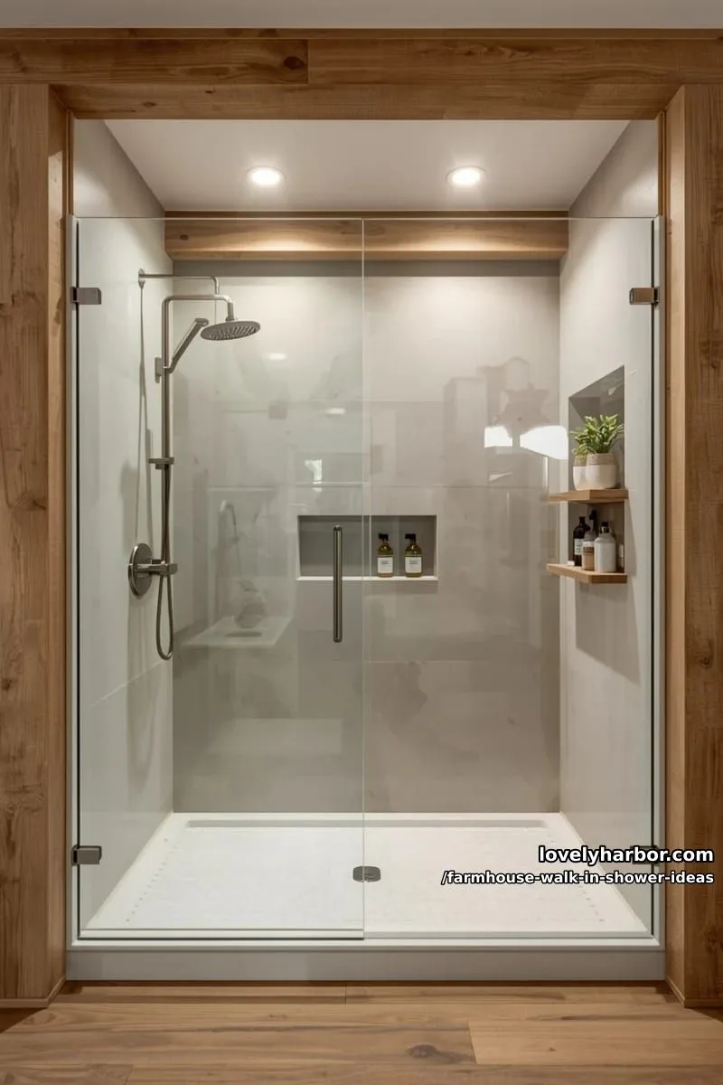 modern farmhouse shower with rustic wood beams, glass walls, and minimalist design. 1