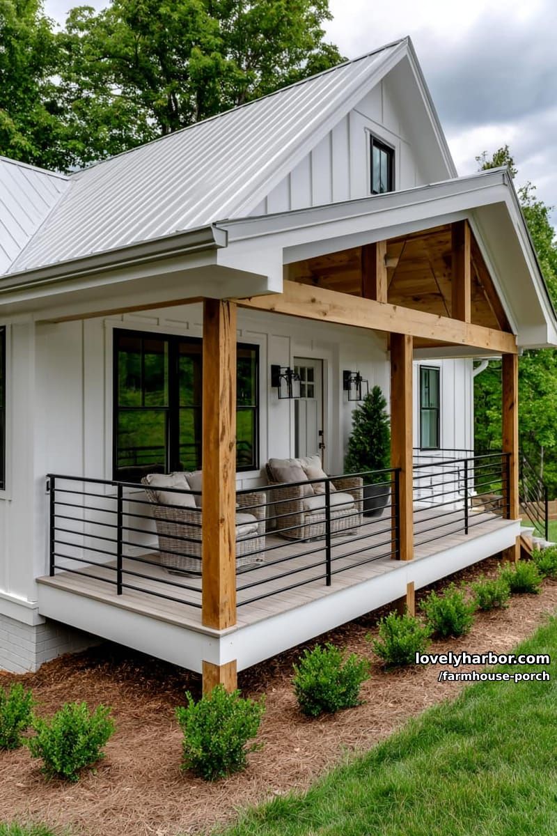 modern farmhouse with black railing, wicker chairs, wood posts, and potted shrub. 1