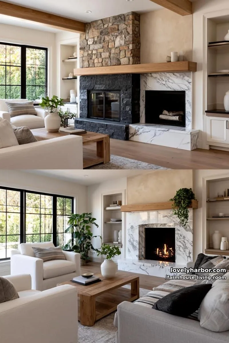 modern farmhouse with fireplaces, neutral colors, wooden accents, and built-in shelves. 1