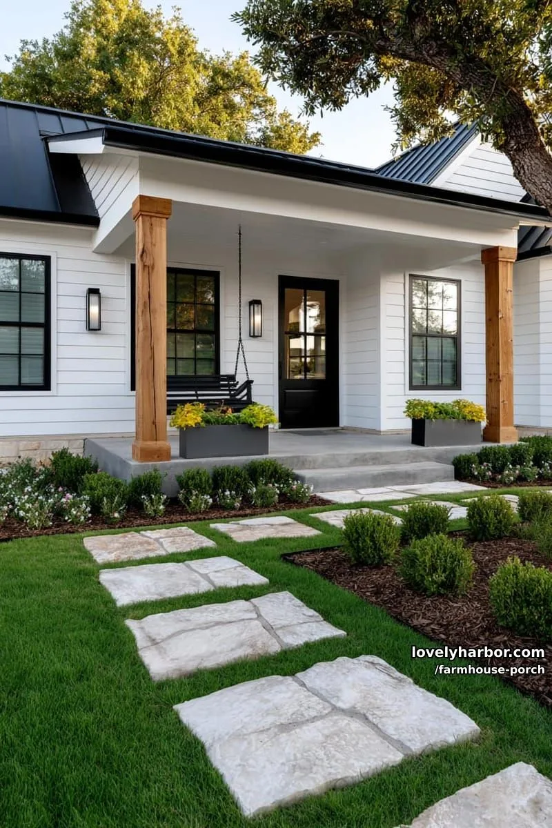 modern farmhouse with horizontal siding, black swing, planters, and stone paver path. 1