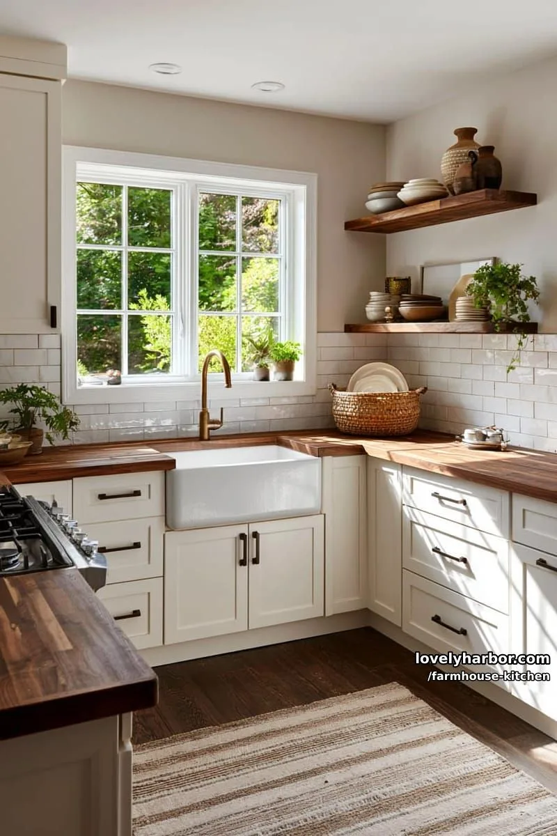 44 Trendy Farmhouse Kitchen Ideas to Inspire Your Next Remodel 58 modern farmhouse with l-shaped cabinetry, wooden countertops, and floating shelves. 1