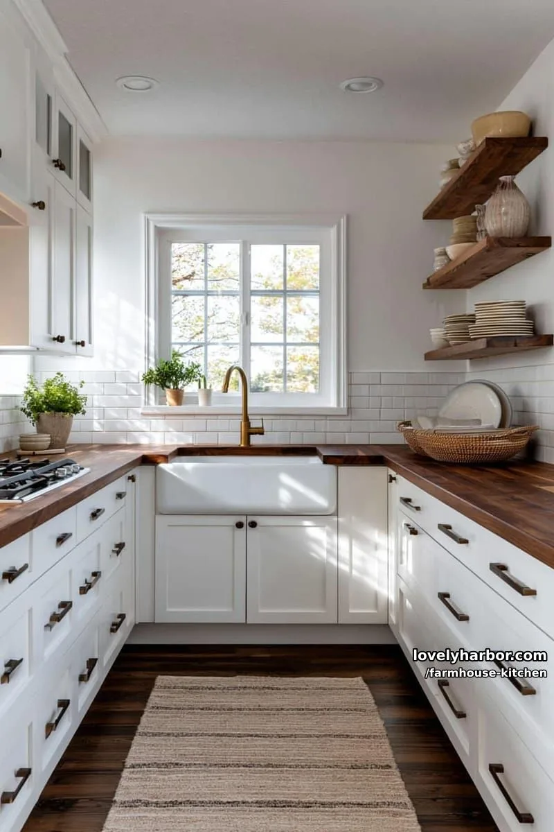 44 Trendy Farmhouse Kitchen Ideas to Inspire Your Next Remodel 59 modern farmhouse with l-shaped cabinetry, wooden countertops, and floating shelves. 1