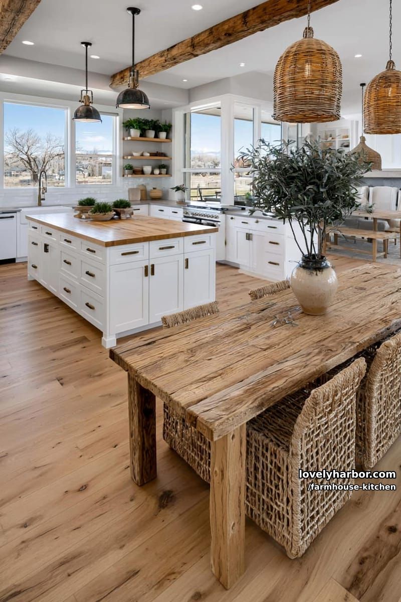 modern farmhouse with large windows, wood island, and woven dining chairs. 1