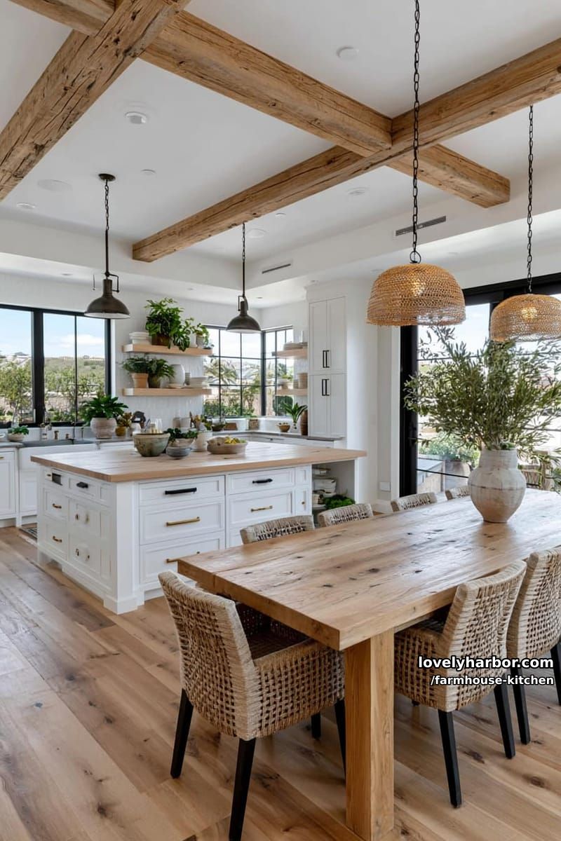 modern farmhouse with large windows, wood island, and woven dining chairs. 1