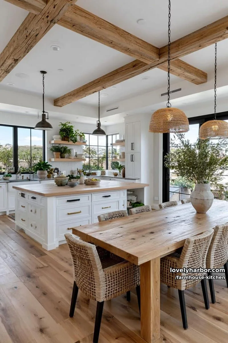 44 Trendy Farmhouse Kitchen Ideas to Inspire Your Next Remodel 17 modern farmhouse with large windows, wood island, and woven dining chairs. 1