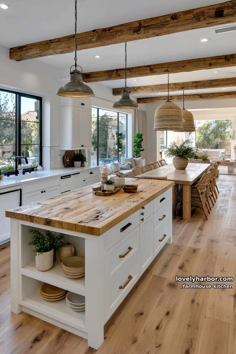modern farmhouse with large windows, wood island, and woven dining chairs. 1