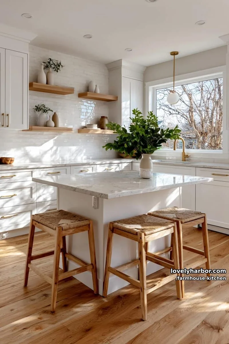44 Trendy Farmhouse Kitchen Ideas to Inspire Your Next Remodel 53 modern farmhouse with light wood floors, white cabinets, and woven bar stools. 1