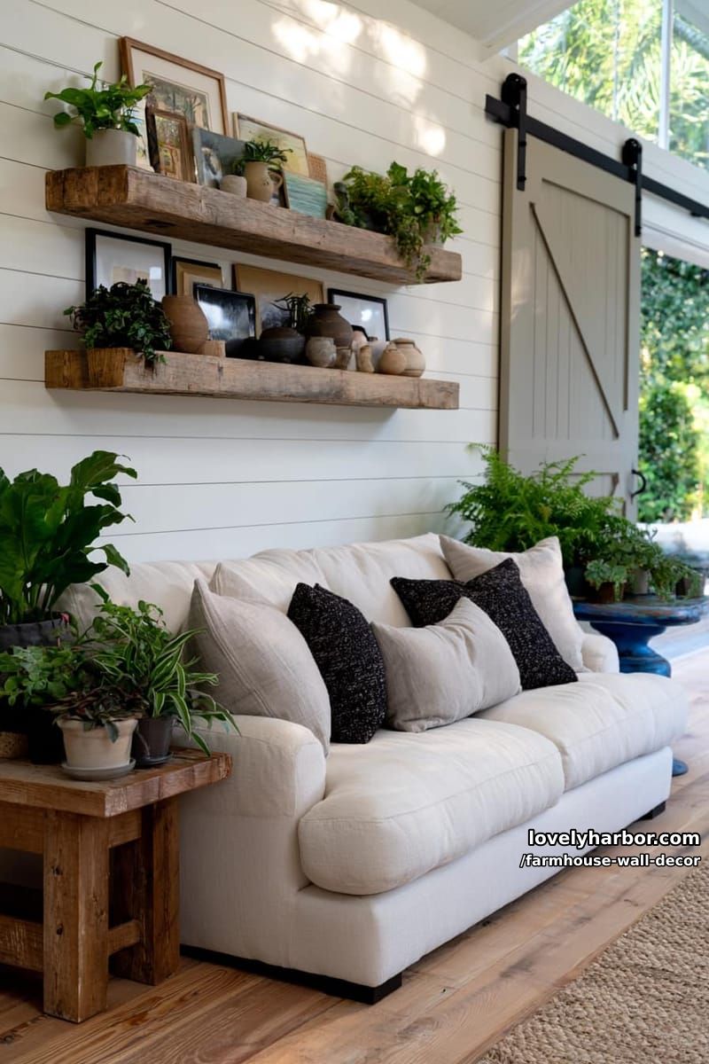 modern farmhouse with shiplap, floating shelves, barn door, and greenery. 1
