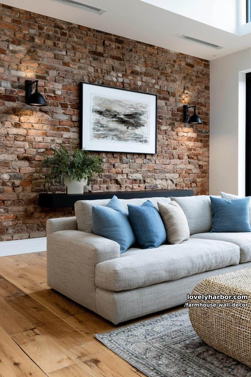 modern farmhouse with shiplap, floating shelves, barn door, and greenery. 1