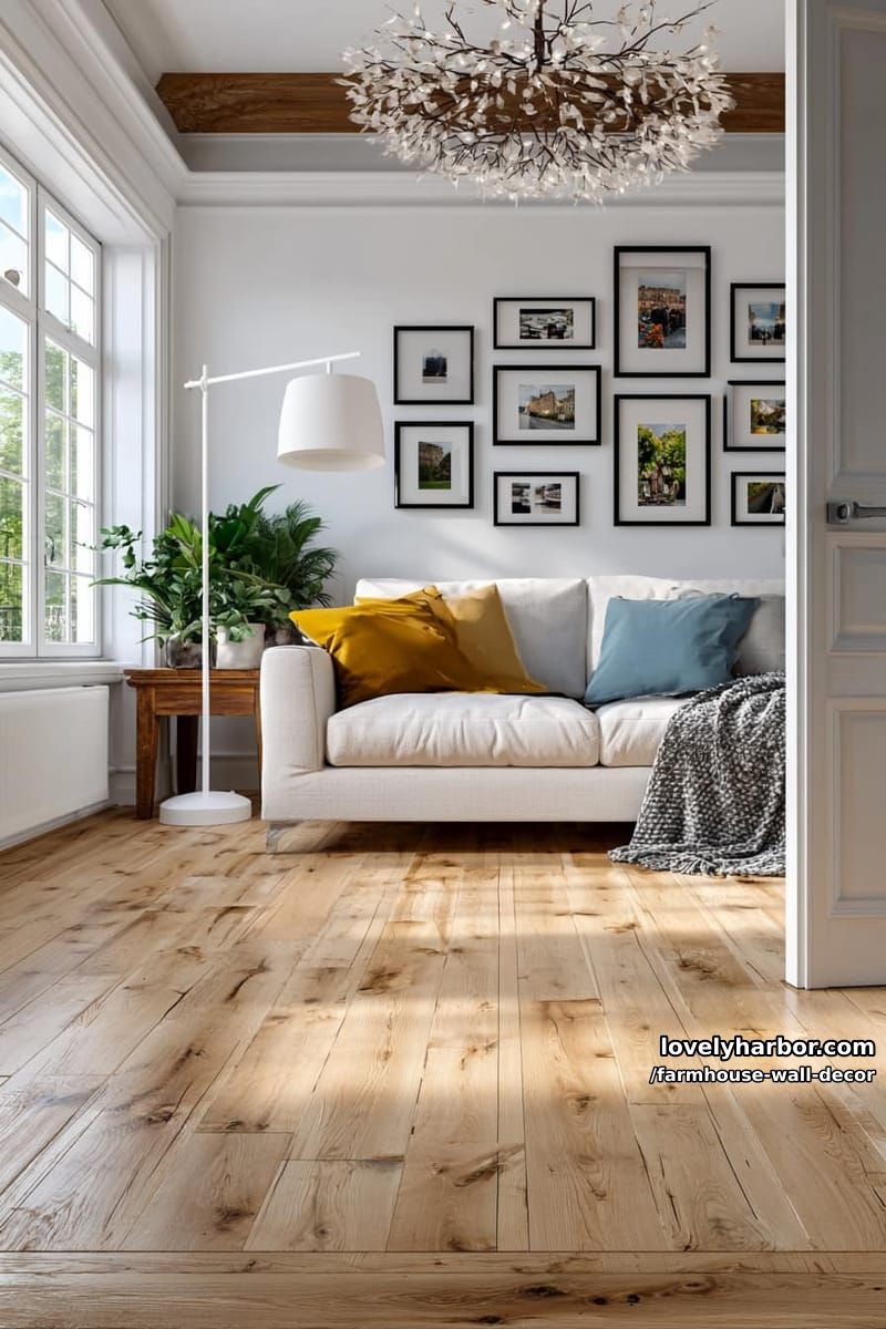 modern farmhouse with shiplap, floating shelves, barn door, and greenery. 1