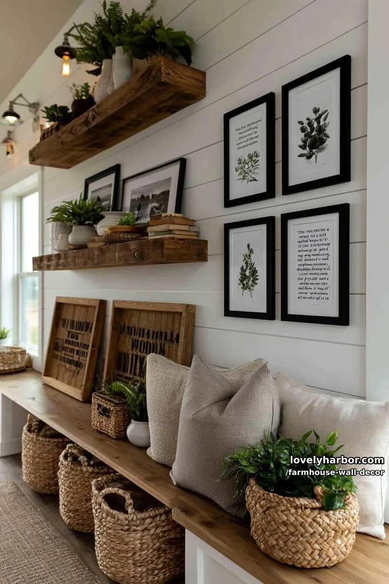 modern farmhouse with shiplap, wooden shelves, greenery, and industrial sconces. 1