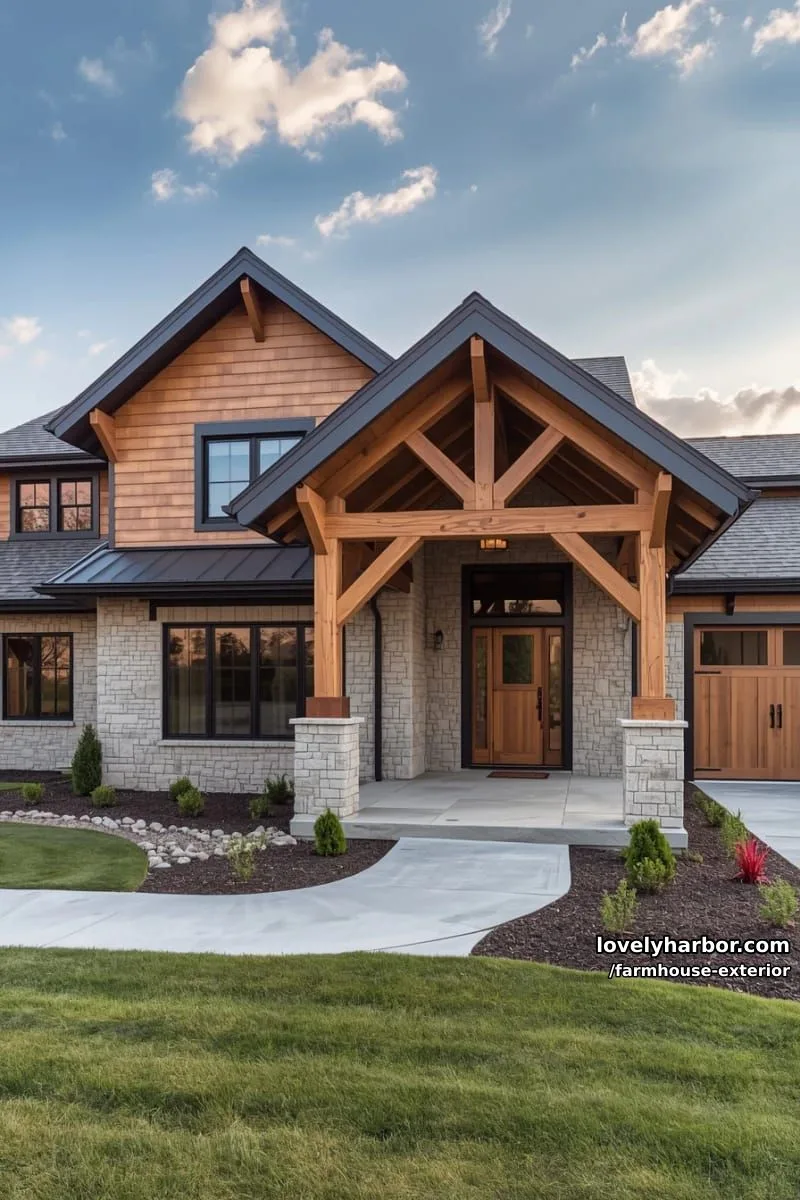 44 New Farmhouse Exterior Designs To Copy 4 modern farmhouse with stone and wood siding, wooden beams, and landscaped entry path. 1